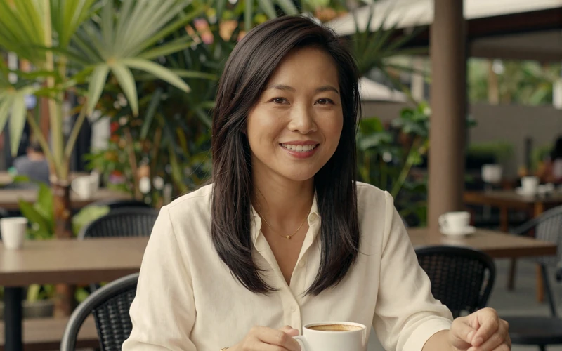 Vietnamese woman in her early 40s smiling warmly at an outdoor cafe in a tropical setting