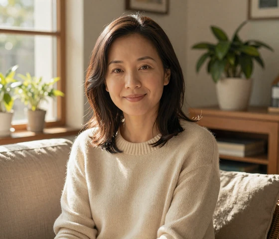 Genuine Asian woman smiling warmly in a cozy home setting representing NaomiDate members