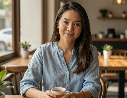 Thai woman in her early 40s smiling warmly at a sunlit cafe table representing authentic NaomiDate members