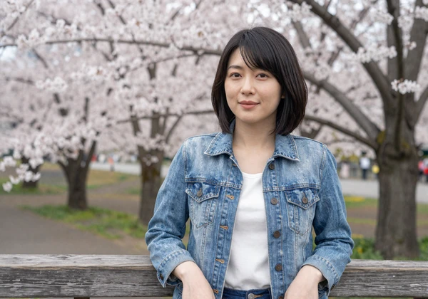 Japanese woman in her late 30s with a relaxed smile at a park with cherry blossoms