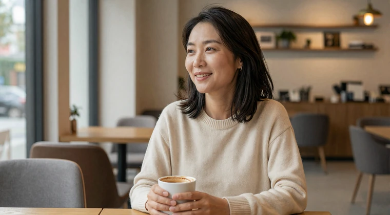 Asian woman in her 40s enjoying coffee at a cozy cafe representing genuine NaomiDate members